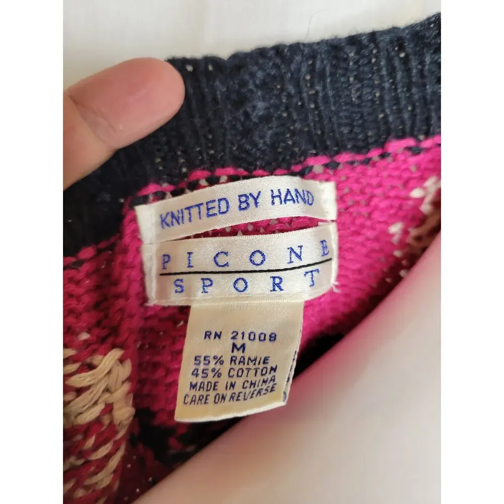 Piccone Sport Vintage Pink and Navy Hand Knit Sweater, M